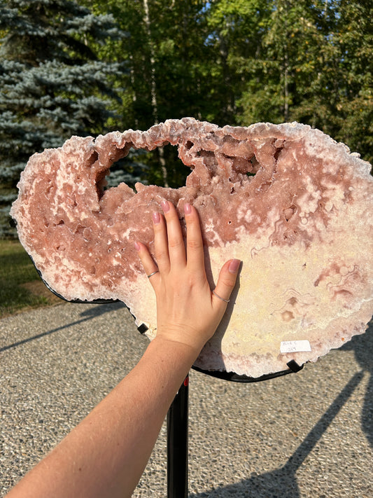 XXXL pink amethyst slab on spinning Stand 550