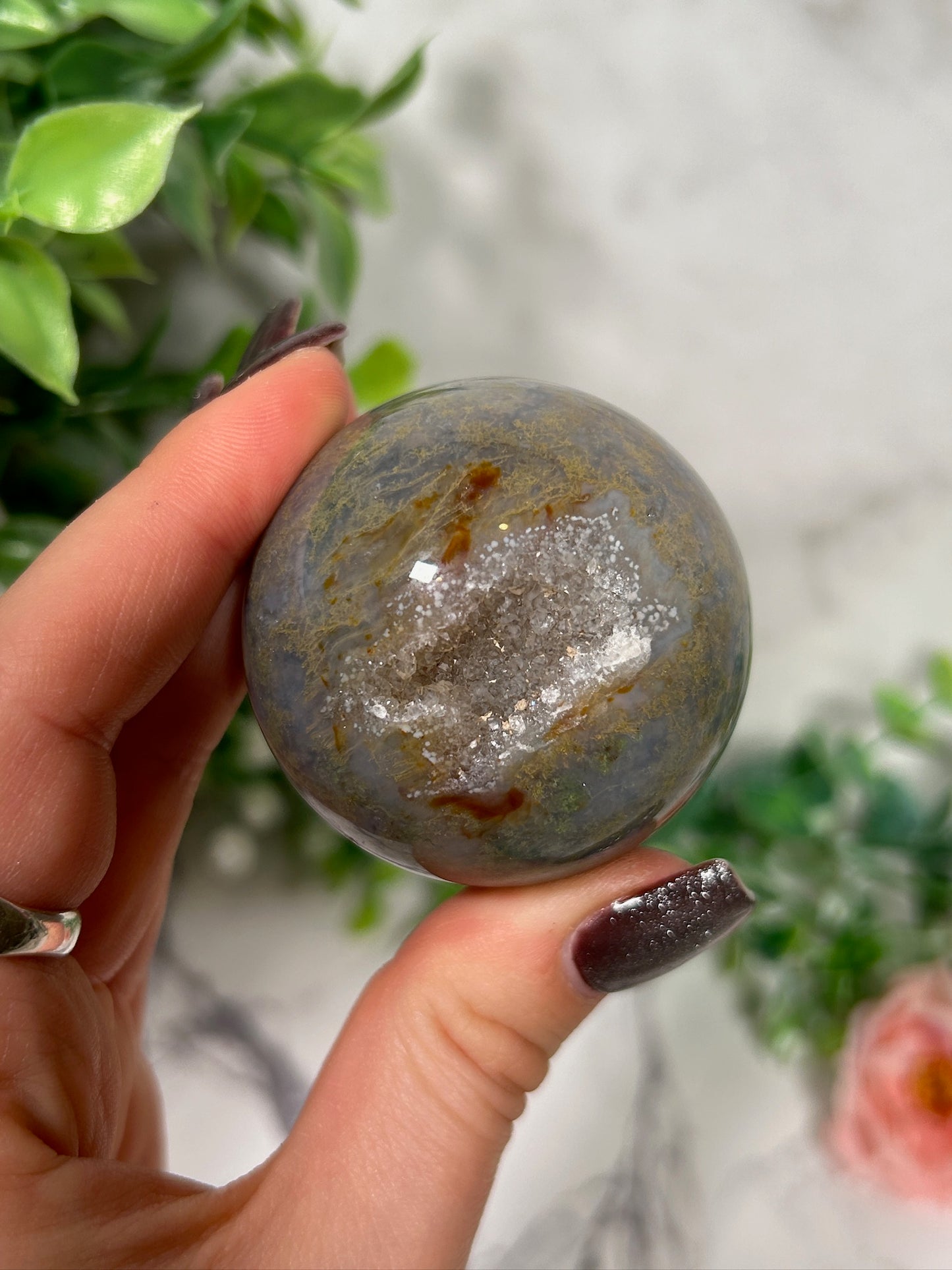 Moss agate sphere 16b