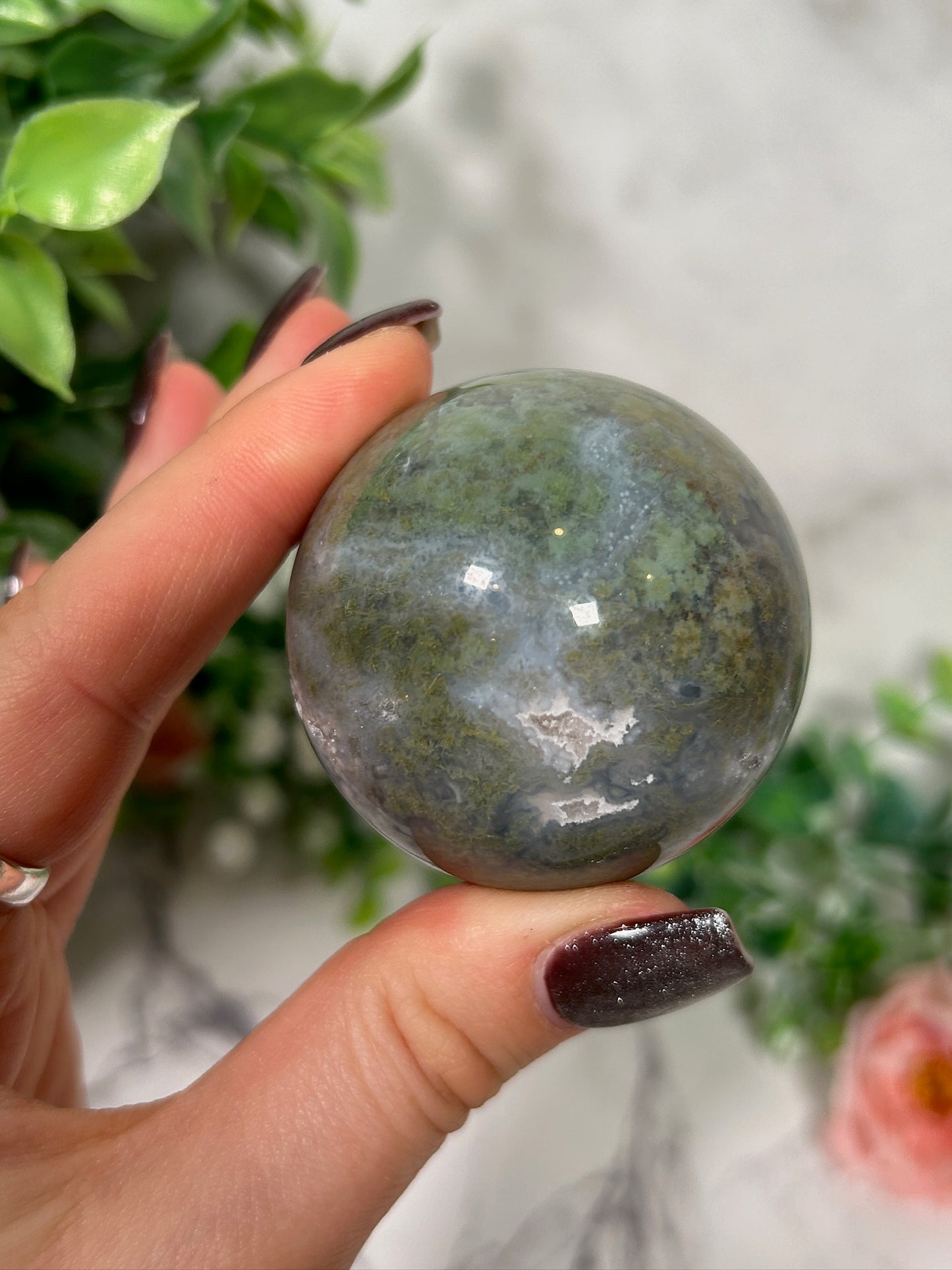 Moss agate sphere 16b