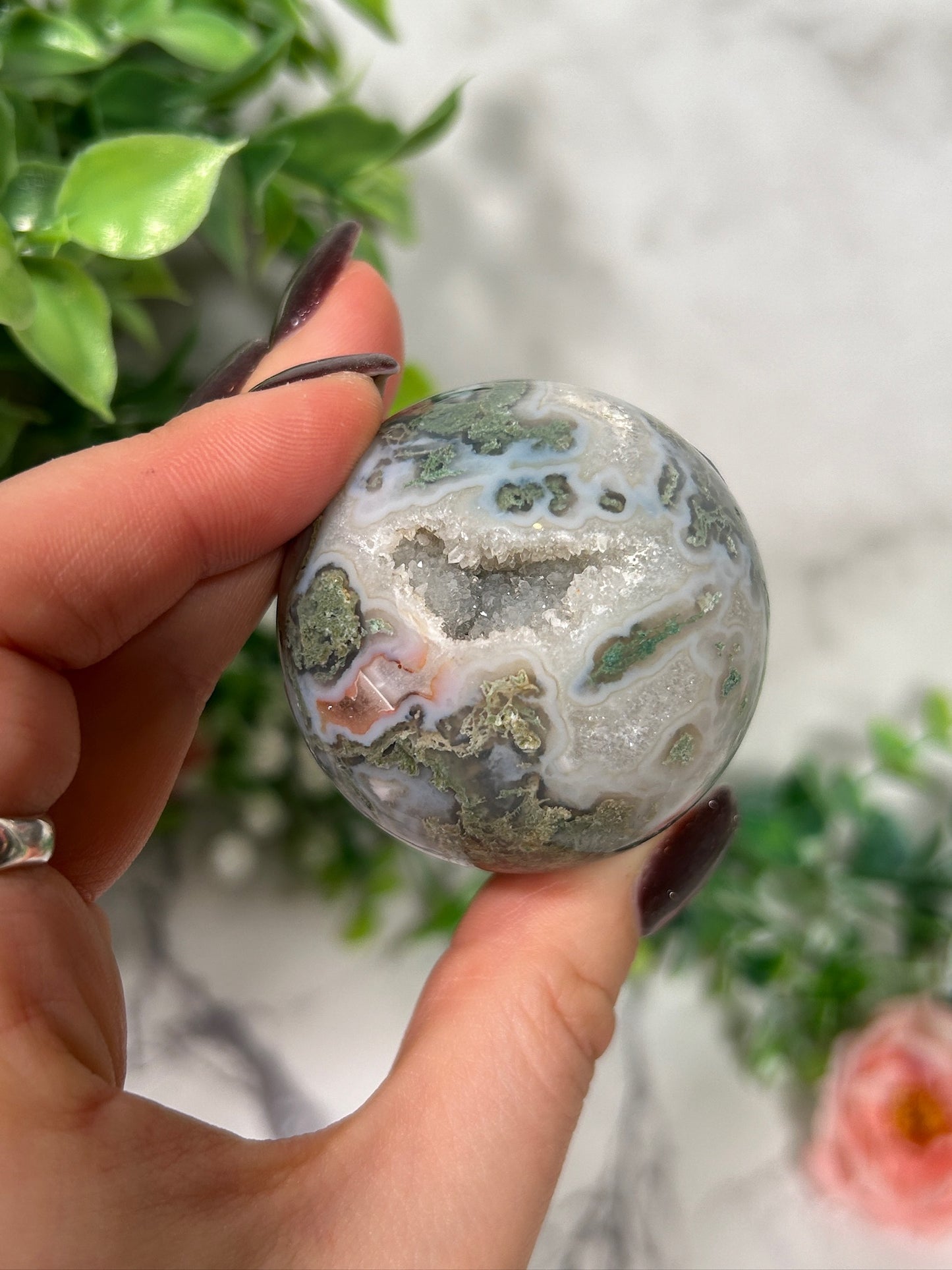 Moss agate sphere 15b