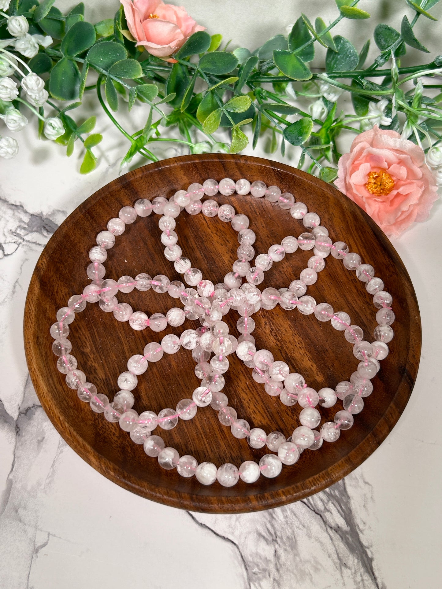 6 mm snowflake Rose quartz bracelet