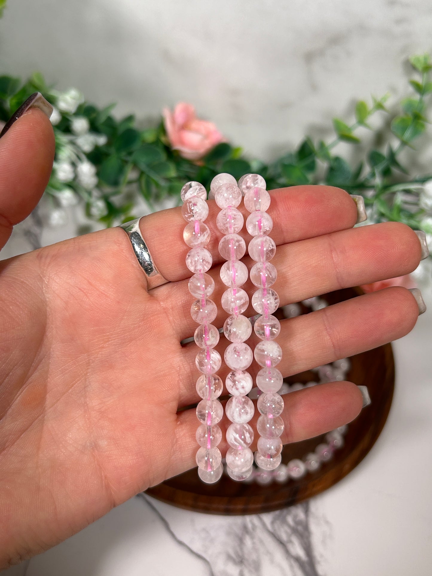 6 mm snowflake Rose quartz bracelet